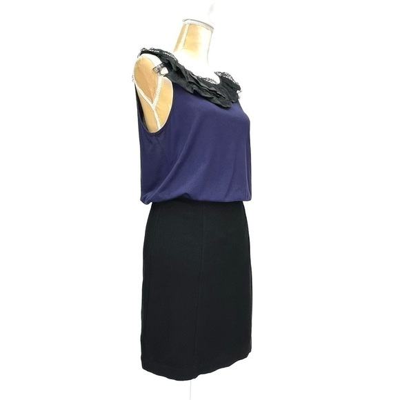 Theory Dress Size Medium Sleeveless Mini Fitted Skirt Bloused Bodice Black Blue - Picture 2 of 7